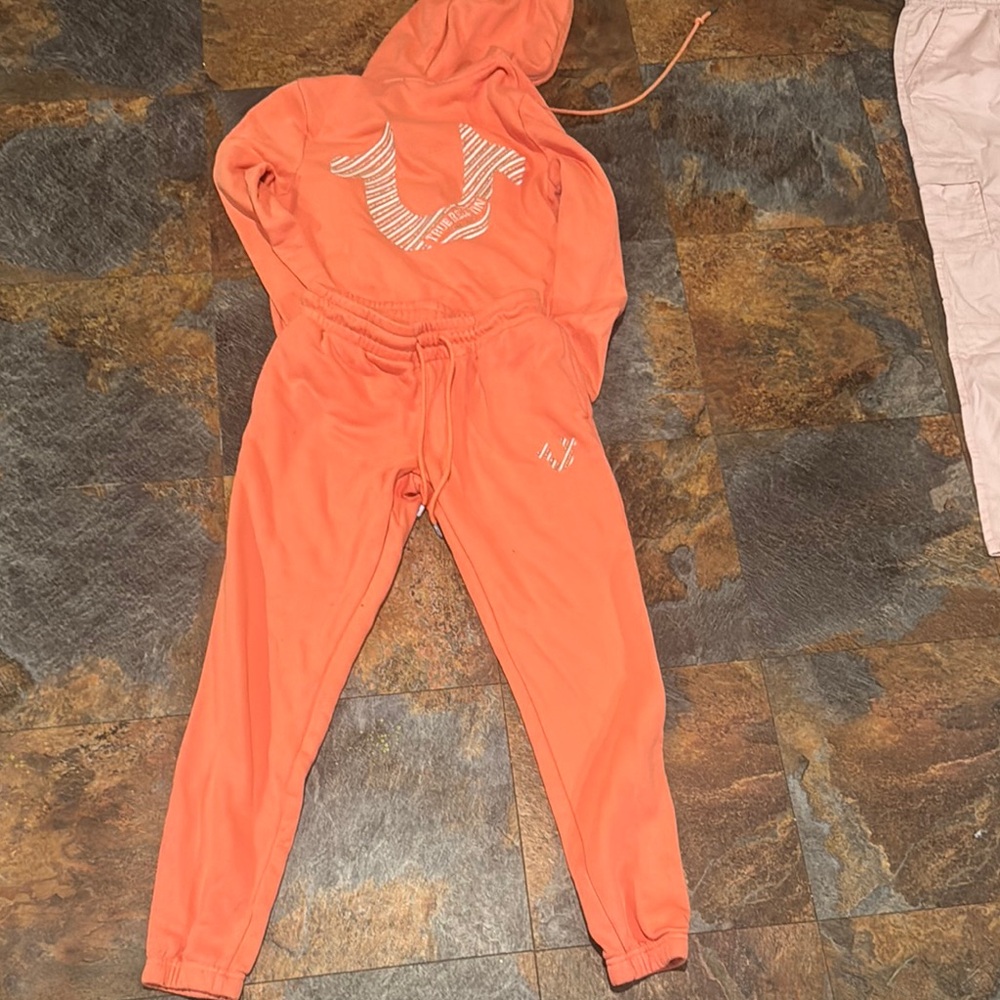 True Religion Orange Track Pants with Hooded Design